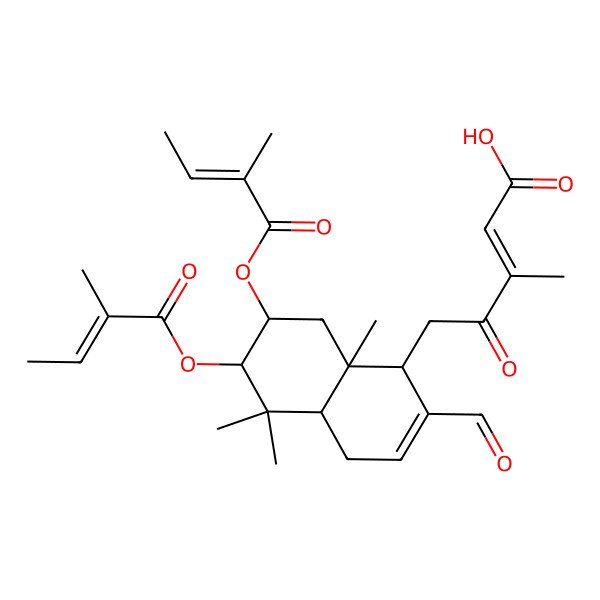 2D Structure of (Z)-5-[(1R,4aS,6S,7R,8aS)-2-formyl-5,5,8a-trimethyl-6,7-bis[[(Z)-2-methylbut-2-enoyl]oxy]-1,4,4a,6,7,8-hexahydronaphthalen-1-yl]-3-methyl-4-oxopent-2-enoic acid