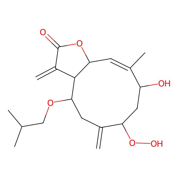 2D Structure of (3aR,4S,7R,9R,10E,11aR)-7-hydroperoxy-9-hydroxy-10-methyl-3,6-dimethylidene-4-(2-methylpropoxy)-4,5,7,8,9,11a-hexahydro-3aH-cyclodeca[b]furan-2-one