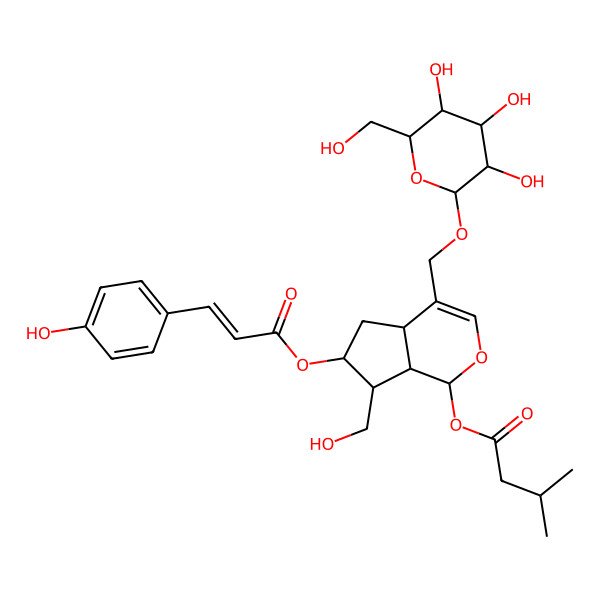 2D Structure of [7-(Hydroxymethyl)-6-[3-(4-hydroxyphenyl)prop-2-enoyloxy]-4-[[3,4,5-trihydroxy-6-(hydroxymethyl)oxan-2-yl]oxymethyl]-1,4a,5,6,7,7a-hexahydrocyclopenta[c]pyran-1-yl] 3-methylbutanoate