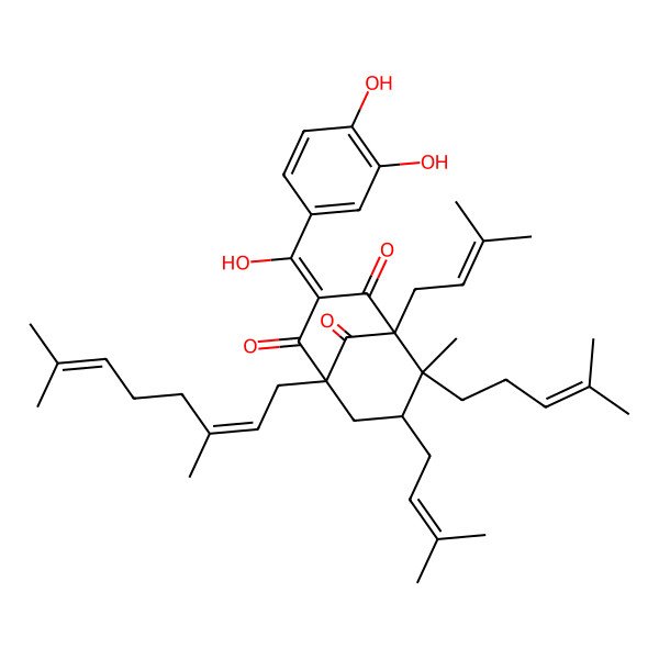 2D Structure of (1R,5S,7R)-3-[(3,4-dihydroxyphenyl)-hydroxymethylidene]-1-[(2E)-3,7-dimethylocta-2,6-dienyl]-6-methyl-5,7-bis(3-methylbut-2-enyl)-6-(4-methylpent-3-enyl)bicyclo[3.3.1]nonane-2,4,9-trione