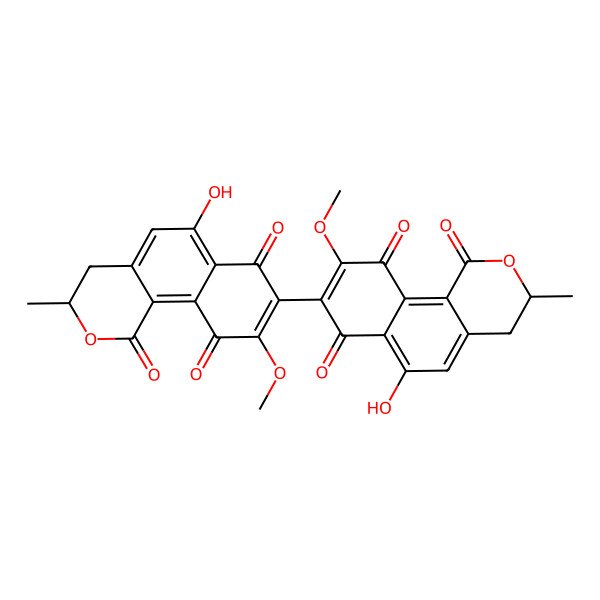 2D Structure of (3S)-6-hydroxy-8-[(3S)-6-hydroxy-9-methoxy-3-methyl-1,7,10-trioxo-3,4-dihydrobenzo[h]isochromen-8-yl]-9-methoxy-3-methyl-3,4-dihydrobenzo[h]isochromene-1,7,10-trione