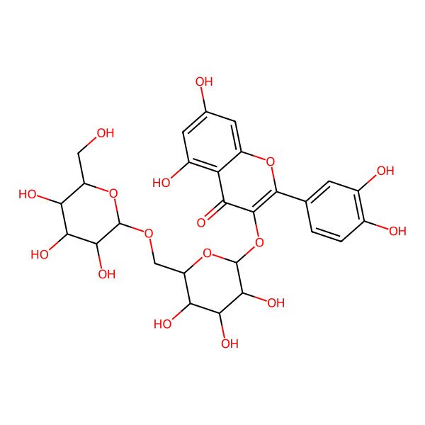 2D Structure of 2-(3,4-dihydroxyphenyl)-5,7-dihydroxy-3-[(2R,3S,4R,5R,6S)-3,4,5-trihydroxy-6-[[(2S,3S,4R,5R,6S)-3,4,5-trihydroxy-6-(hydroxymethyl)oxan-2-yl]oxymethyl]oxan-2-yl]oxychromen-4-one