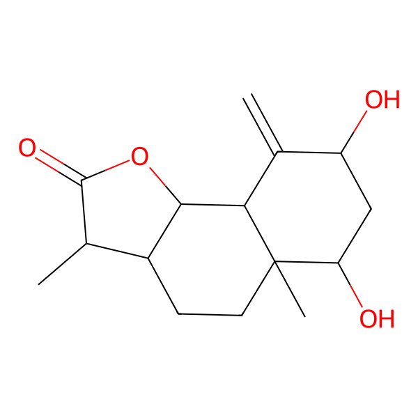 2D Structure of 6,8-dihydroxy-3,5a-dimethyl-9-methylidene-3a,4,5,6,7,8,9a,9b-octahydro-3H-benzo[g][1]benzofuran-2-one