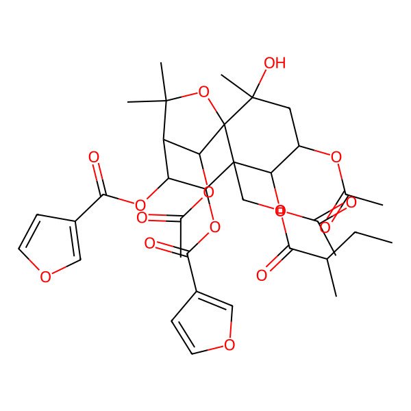 2D Structure of [(1S,2S,4S,5R,6S,7R,8R,9R,12R)-4,5,12-triacetyloxy-7-(furan-3-carbonyloxy)-2-hydroxy-2,10,10-trimethyl-6-[[(2R)-2-methylbutanoyl]oxymethyl]-11-oxatricyclo[7.2.1.01,6]dodecan-8-yl] furan-3-carboxylate
