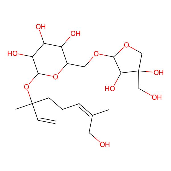 2D Structure of (2R,3S,4S,5R,6S)-2-[[(2S,3R,4R)-3,4-dihydroxy-4-(hydroxymethyl)oxolan-2-yl]oxymethyl]-6-[(3R,6E)-8-hydroxy-3,7-dimethylocta-1,6-dien-3-yl]oxyoxane-3,4,5-triol
