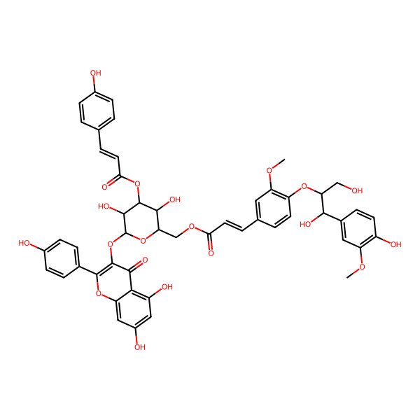 2D Structure of [(2R,3R,4S,5R,6S)-2-[[(E)-3-[4-[(1R,2R)-1,3-dihydroxy-1-(4-hydroxy-3-methoxyphenyl)propan-2-yl]oxy-3-methoxyphenyl]prop-2-enoyl]oxymethyl]-6-[5,7-dihydroxy-2-(4-hydroxyphenyl)-4-oxochromen-3-yl]oxy-3,5-dihydroxyoxan-4-yl] (Z)-3-(4-hydroxyphenyl)prop-2-enoate