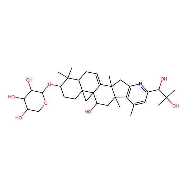 2D Structure of 2-[[8-(1,2-Dihydroxy-2-methylpropyl)-2-hydroxy-4,6,12,17,17-pentamethyl-9-azahexacyclo[11.9.0.01,21.04,12.05,10.016,21]docosa-5(10),6,8,13-tetraen-18-yl]oxy]oxane-3,4,5-triol