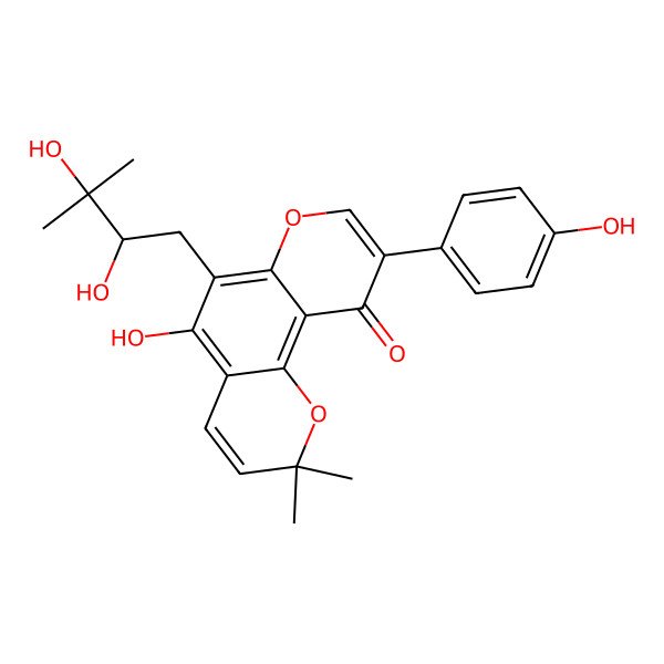 2D Structure of 6-[(2R)-2,3-dihydroxy-3-methylbutyl]-5-hydroxy-9-(4-hydroxyphenyl)-2,2-dimethylpyrano[2,3-f]chromen-10-one