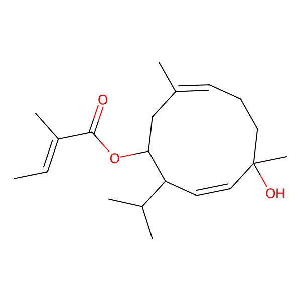2D Structure of [(1S,2S,3E,5R,8E)-5-hydroxy-5,9-dimethyl-2-propan-2-ylcyclodeca-3,8-dien-1-yl] (Z)-2-methylbut-2-enoate