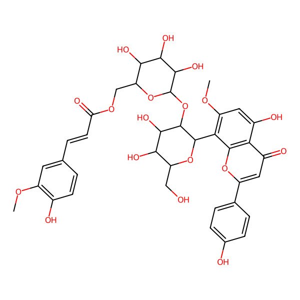 2D Structure of [(2R,3S,4S,5R,6S)-6-[(2S,3R,4S,5S,6S)-4,5-dihydroxy-2-[5-hydroxy-2-(4-hydroxyphenyl)-7-methoxy-4-oxochromen-8-yl]-6-(hydroxymethyl)oxan-3-yl]oxy-3,4,5-trihydroxyoxan-2-yl]methyl (E)-3-(4-hydroxy-3-methoxyphenyl)prop-2-enoate