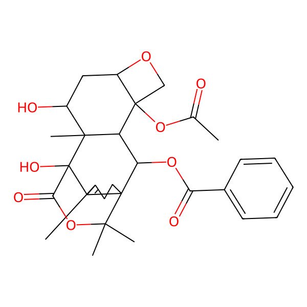 2D Structure of (4-Acetyloxy-9,11-dihydroxy-10,13,16,16-tetramethyl-18-oxo-6,17-dioxapentacyclo[9.4.3.01,12.03,10.04,7]octadec-12-en-2-yl) benzoate
