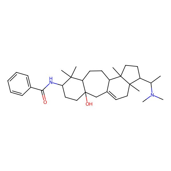 2D Structure of N-[15-[1-(dimethylamino)ethyl]-3-hydroxy-7,7,12,16-tetramethyl-6-tetracyclo[9.7.0.03,8.012,16]octadec-1(18)-enyl]benzamide