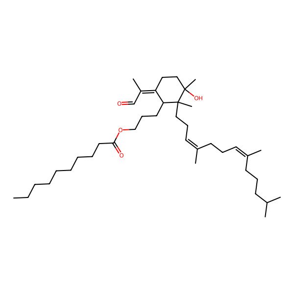 2D Structure of 3-[3-Hydroxy-2,3-dimethyl-6-(1-oxopropan-2-ylidene)-2-(4,8,12-trimethyltrideca-3,7-dienyl)cyclohexyl]propyl decanoate
