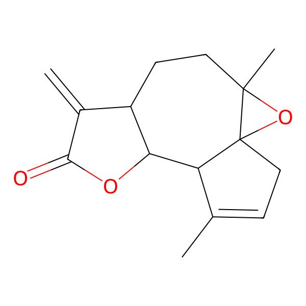 2D Structure of 3H-Oxireno[8,8a]azuleno[4,5-b]furan-8(4aH)-one, 5,6,6a,7,9a,9b-hexahydro-1,4a-dimethyl-7-methylene-, (3aS,4aR,6aS,9aS,9bR)-