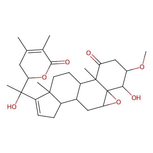 2D Structure of 15-[1-(4,5-Dimethyl-6-oxo-2,3-dihydropyran-2-yl)-1-hydroxyethyl]-6-hydroxy-5-methoxy-2,16-dimethyl-8-oxapentacyclo[9.7.0.02,7.07,9.012,16]octadec-14-en-3-one