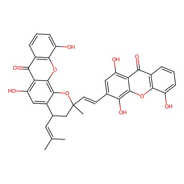2D Structure of 6,11-Dihydroxy-2-methyl-4-(2-methylprop-1-enyl)-2-[2-(1,4,5-trihydroxy-9-oxoxanthen-3-yl)ethenyl]-3,4-dihydropyrano[3,2-c]xanthen-7-one
