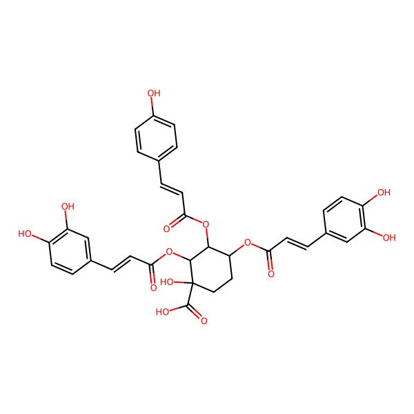 2D Structure of (1R,2S,3S,4R)-2,4-bis[[(E)-3-(3,4-dihydroxyphenyl)prop-2-enoyl]oxy]-1-hydroxy-3-[(E)-3-(4-hydroxyphenyl)prop-2-enoyl]oxycyclohexane-1-carboxylic acid