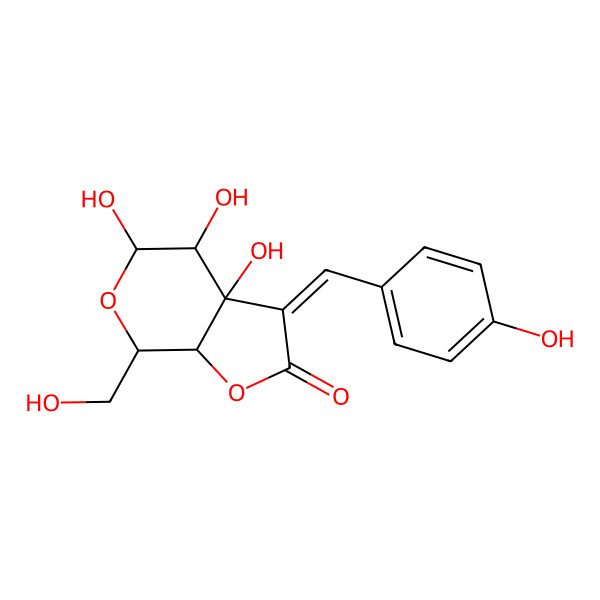 2D Structure of (3Z)-3a,4,5-trihydroxy-7-(hydroxymethyl)-3-[(4-hydroxyphenyl)methylidene]-4,5,7,7a-tetrahydrofuro[2,3-c]pyran-2-one