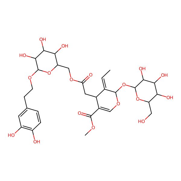 2D Structure of methyl (4S,5E,6S)-4-[2-[[(2R,3S,4S,5R,6R)-6-[2-(3,4-dihydroxyphenyl)ethoxy]-3,4,5-trihydroxyoxan-2-yl]methoxy]-2-oxoethyl]-5-ethylidene-6-[(2S,3R,4S,5S,6S)-3,4,5-trihydroxy-6-(hydroxymethyl)oxan-2-yl]oxy-4H-pyran-3-carboxylate