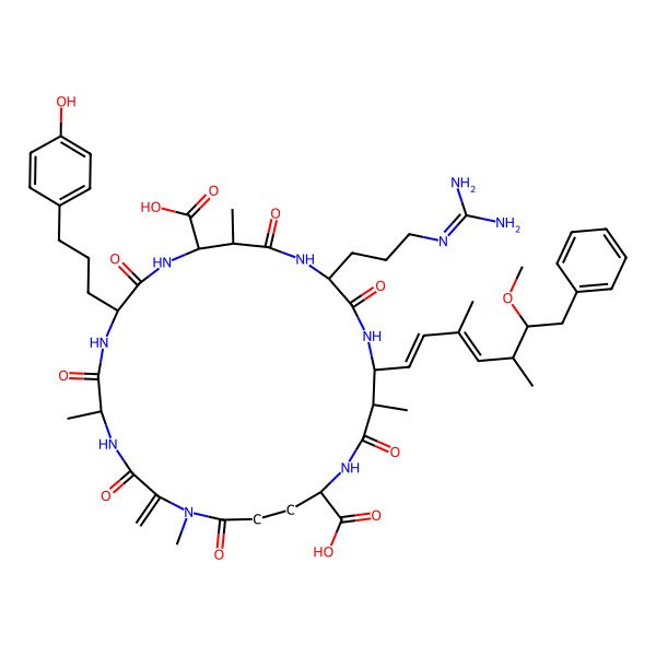 2D Structure of 15-[3-(Diaminomethylideneamino)propyl]-8-[3-(4-hydroxyphenyl)propyl]-18-(6-methoxy-3,5-dimethyl-7-phenylhepta-1,3-dienyl)-1,5,12,19-tetramethyl-2-methylidene-3,6,9,13,16,20,25-heptaoxo-1,4,7,10,14,17,21-heptazacyclopentacosane-11,22-dicarboxylic acid