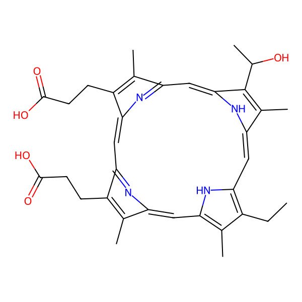 2D Structure of 3,3'-[8-Ethyl-13-(1-hydroxyethyl)-3,7,12,17-tetramethylporphyrin-2,18-diyl]dipropanoic acid