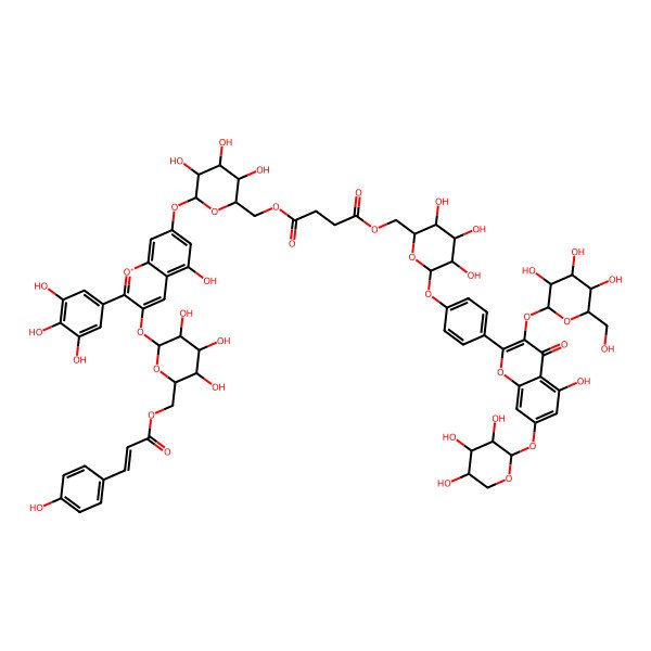2D Structure of (6'''-O-(Delphinidin 3-O-(6''-O-p-coumaroyl-glucoside) 7-O-glucosyl)) (6''''-O-(kaempferol 3-O-glucoside, 7-O-xyloside, 4'-O-glucosyl))succinate