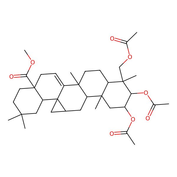 2D Structure of Methyl 8,9-diacetyloxy-10-(acetyloxymethyl)-6,10,14,21,21-pentamethylhexacyclo[13.8.0.01,3.05,14.06,11.018,23]tricos-15-ene-18-carboxylate