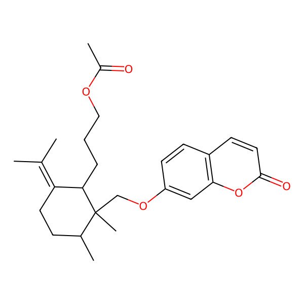 2D Structure of 3-[(1S,2S,3S)-2,3-dimethyl-2-[(2-oxochromen-7-yl)oxymethyl]-6-propan-2-ylidenecyclohexyl]propyl acetate