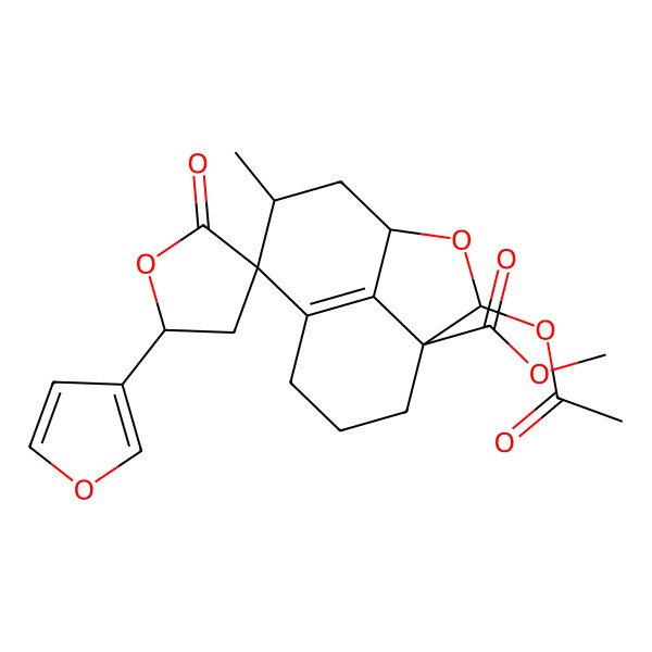 2D Structure of methyl (1S,3R,4S,5'S,9R,10R)-3-acetyloxy-5'-(furan-3-yl)-10-methyl-2'-oxospiro[2-oxatricyclo[6.3.1.04,12]dodec-8(12)-ene-9,3'-oxolane]-4-carboxylate