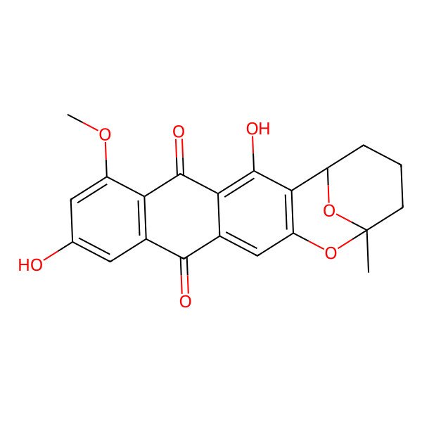 2D Structure of 3,9-Dihydroxy-7-methoxy-17-methyl-16,21-dioxapentacyclo[15.3.1.02,15.04,13.06,11]henicosa-2(15),3,6(11),7,9,13-hexaene-5,12-dione