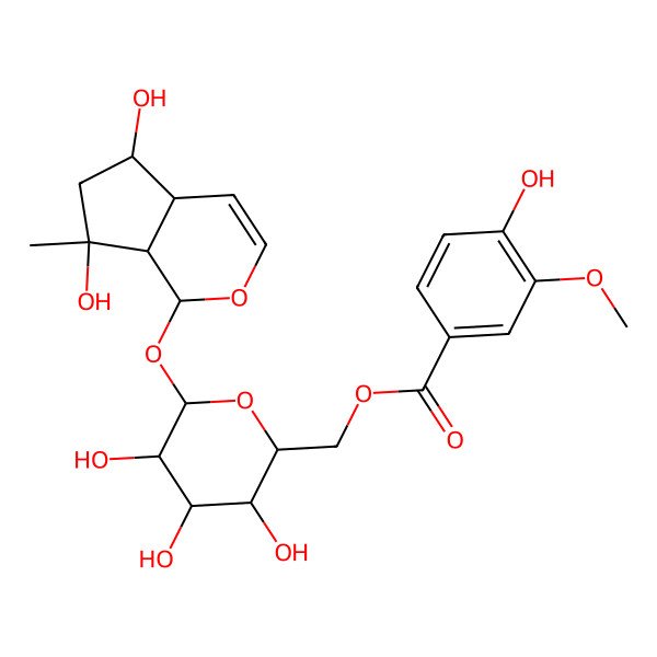 2D Structure of [(2R,3S,4S,5R,6S)-6-[[(1S,4aR,5R,7S,7aS)-5,7-dihydroxy-7-methyl-4a,5,6,7a-tetrahydro-1H-cyclopenta[c]pyran-1-yl]oxy]-3,4,5-trihydroxyoxan-2-yl]methyl 4-hydroxy-3-methoxybenzoate