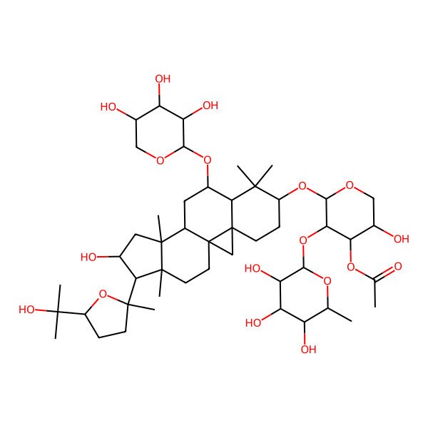 2D Structure of [5-Hydroxy-2-[[14-hydroxy-15-[5-(2-hydroxypropan-2-yl)-2-methyloxolan-2-yl]-7,7,12,16-tetramethyl-9-(3,4,5-trihydroxyoxan-2-yl)oxy-6-pentacyclo[9.7.0.01,3.03,8.012,16]octadecanyl]oxy]-3-(3,4,5-trihydroxy-6-methyloxan-2-yl)oxyoxan-4-yl] acetate