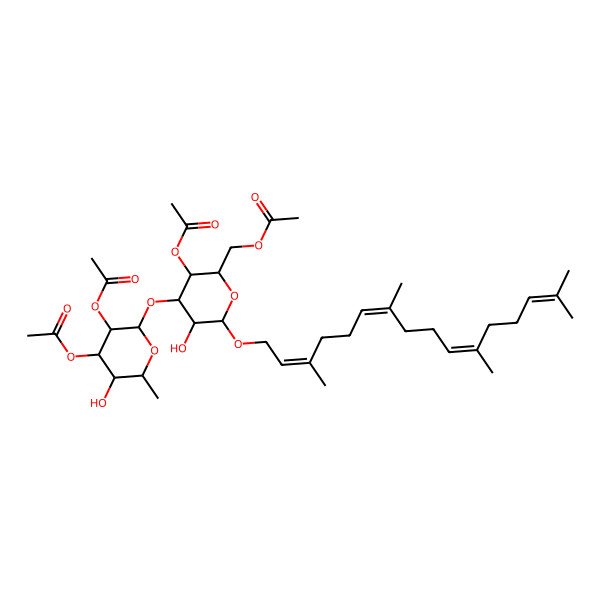 2D Structure of [(2R,3R,4R,5R,6R)-3-acetyloxy-4-[(2S,3R,4R,5S,6S)-3,4-diacetyloxy-5-hydroxy-6-methyloxan-2-yl]oxy-5-hydroxy-6-[(2E,6E,10E)-3,7,11,15-tetramethylhexadeca-2,6,10,14-tetraenoxy]oxan-2-yl]methyl acetate