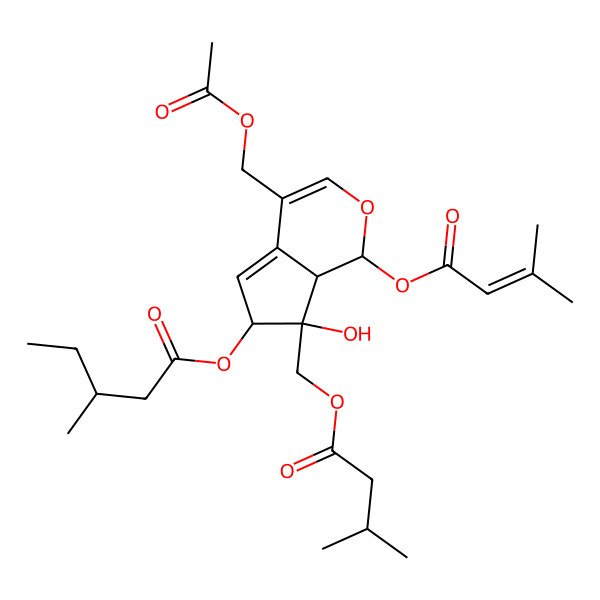 2D Structure of [4-(acetyloxymethyl)-7-hydroxy-7-(3-methylbutanoyloxymethyl)-1-(3-methylbut-2-enoyloxy)-6,7a-dihydro-1H-cyclopenta[c]pyran-6-yl] 3-methylpentanoate