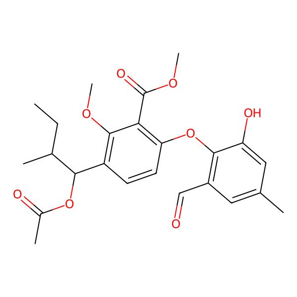2D Structure of methyl 3-[(1S,2R)-1-acetyloxy-2-methylbutyl]-6-(2-formyl-6-hydroxy-4-methylphenoxy)-2-methoxybenzoate