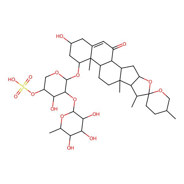 2D Structure of [4-Hydroxy-6-(16-hydroxy-5',7,9,13-tetramethyl-20-oxospiro[5-oxapentacyclo[10.8.0.02,9.04,8.013,18]icos-18-ene-6,2'-oxane]-14-yl)oxy-5-(3,4,5-trihydroxy-6-methyloxan-2-yl)oxyoxan-3-yl] hydrogen sulfate
