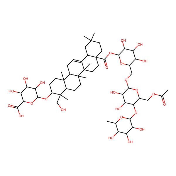 2D Structure of 6-[[8a-[6-[[6-(Acetyloxymethyl)-3,4-dihydroxy-5-(3,4,5-trihydroxy-6-methyloxan-2-yl)oxyoxan-2-yl]oxymethyl]-3,4,5-trihydroxyoxan-2-yl]oxycarbonyl-4-(hydroxymethyl)-4,6a,6b,11,11,14b-hexamethyl-1,2,3,4a,5,6,7,8,9,10,12,12a,14,14a-tetradecahydropicen-3-yl]oxy]-3,4,5-trihydroxyoxane-2-carboxylic acid