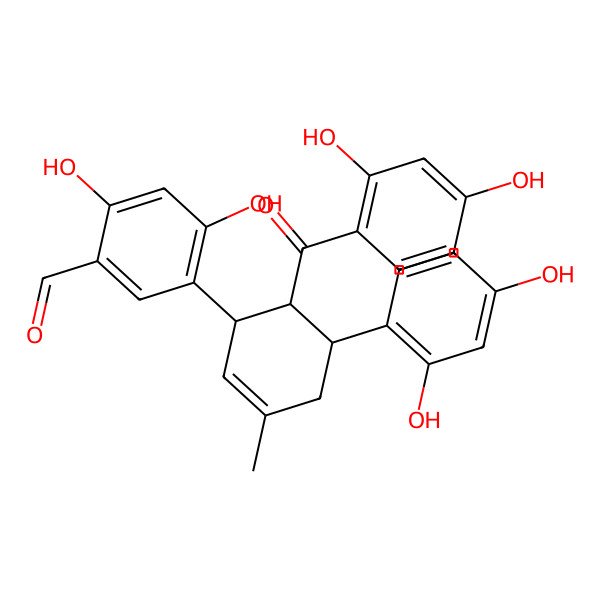 2D Structure of 5-[6-(2,4-Dihydroxybenzoyl)-5-(2,4-dihydroxyphenyl)-3-methylcyclohex-2-en-1-yl]-2,4-dihydroxybenzaldehyde