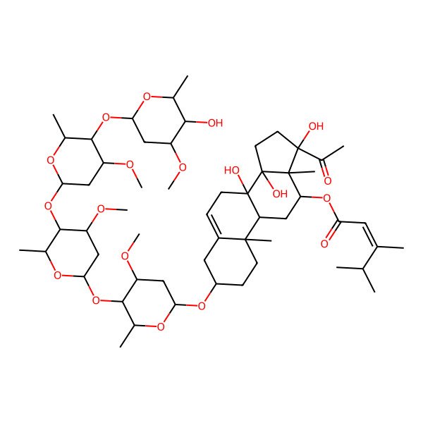 2D Structure of [(3S,8S,9R,10R,12R,13S,14R,17S)-17-acetyl-8,14,17-trihydroxy-3-[(2R,4S,5R,6R)-5-[(2S,4R,5R,6R)-5-[(2S,4R,5R,6R)-5-[(2S,4R,5R,6R)-5-hydroxy-4-methoxy-6-methyloxan-2-yl]oxy-4-methoxy-6-methyloxan-2-yl]oxy-4-methoxy-6-methyloxan-2-yl]oxy-4-methoxy-6-methyloxan-2-yl]oxy-10,13-dimethyl-1,2,3,4,7,9,11,12,15,16-decahydrocyclopenta[a]phenanthren-12-yl] (E)-3,4-dimethylpent-2-enoate