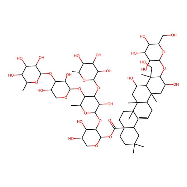 2D Structure of [3-[5-[3,5-Dihydroxy-4-(3,4,5-trihydroxy-6-methyloxan-2-yl)oxyoxan-2-yl]oxy-3-hydroxy-6-methyl-4-(3,4,5-trihydroxy-6-methyloxan-2-yl)oxyoxan-2-yl]oxy-4,5-dihydroxyoxan-2-yl] 8,11-dihydroxy-9-(hydroxymethyl)-2,2,6a,6b,9,12a-hexamethyl-10-[3,4,5-trihydroxy-6-(hydroxymethyl)oxan-2-yl]oxy-1,3,4,5,6,6a,7,8,8a,10,11,12,13,14b-tetradecahydropicene-4a-carboxylate