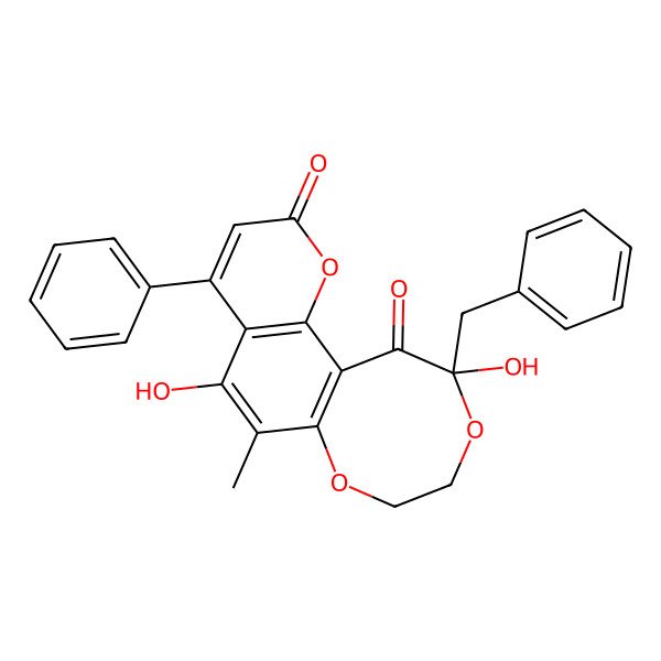 2D Structure of 15-Benzyl-8,15-dihydroxy-9-methyl-6-phenyl-3,11,14-trioxatricyclo[8.6.0.02,7]hexadeca-1(10),2(7),5,8-tetraene-4,16-dione