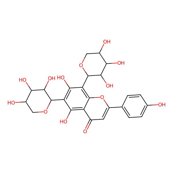 2D Structure of 5,7-dihydroxy-2-(4-hydroxyphenyl)-6-[(2S,3S,4S,5R)-3,4,5-trihydroxyoxan-2-yl]-8-[(2S,3R,4R,5S)-3,4,5-trihydroxyoxan-2-yl]chromen-4-one