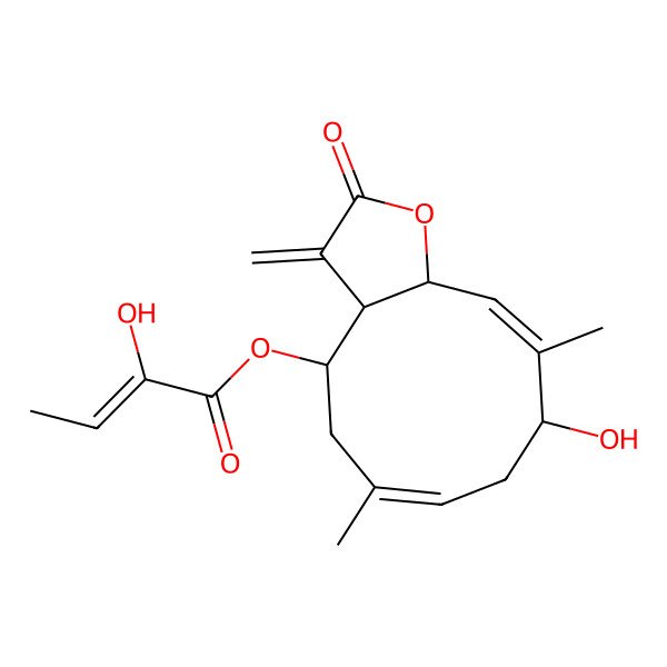 2D Structure of (9-Hydroxy-6,10-dimethyl-3-methylidene-2-oxo-3a,4,5,8,9,11a-hexahydrocyclodeca[b]furan-4-yl) 2-hydroxybut-2-enoate