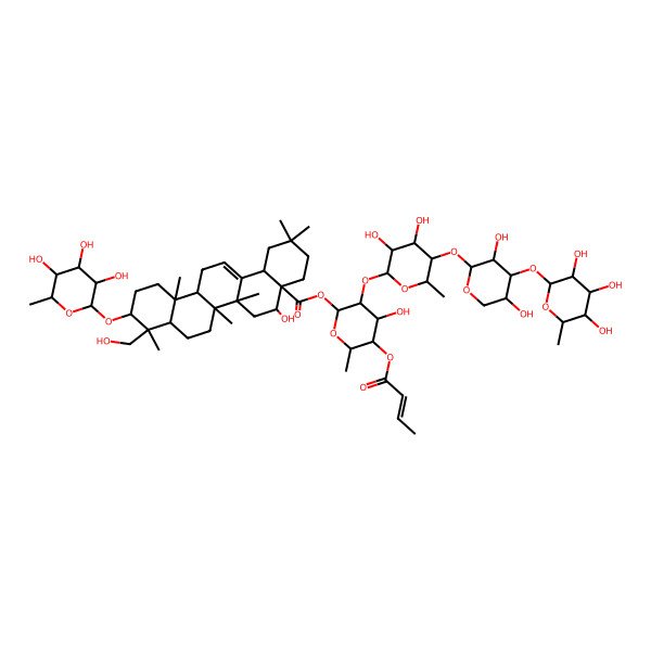 2D Structure of [(2R,3R,4S,5R,6R)-5-[(E)-but-2-enoyl]oxy-3-[(2S,3R,4S,5R,6S)-5-[(2S,3R,4S,5R)-3,5-dihydroxy-4-[(2R,3R,4R,5R,6S)-3,4,5-trihydroxy-6-methyloxan-2-yl]oxyoxan-2-yl]oxy-3,4-dihydroxy-6-methyloxan-2-yl]oxy-4-hydroxy-6-methyloxan-2-yl] (4aR,5R,6aR,6aS,6bR,8aR,9R,10S,12aR,14bS)-5-hydroxy-9-(hydroxymethyl)-2,2,6a,6b,9,12a-hexamethyl-10-[(2R,3R,4R,5R,6S)-3,4,5-trihydroxy-6-methyloxan-2-yl]oxy-1,3,4,5,6,6a,7,8,8a,10,11,12,13,14b-tetradecahydropicene-4a-carboxylate