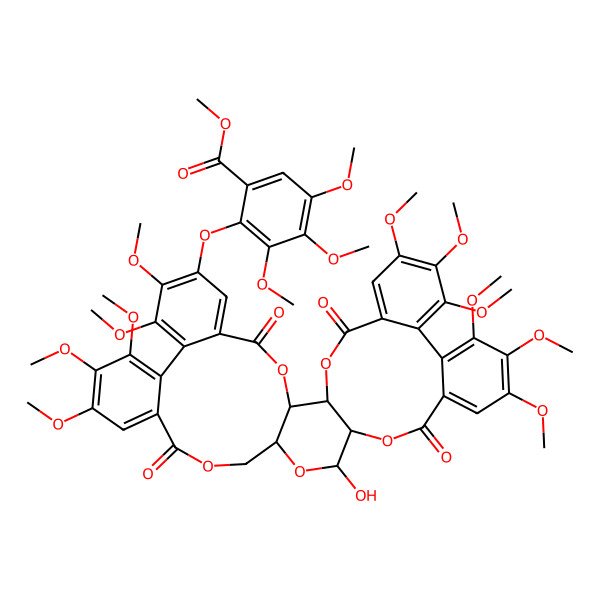 2D Structure of methyl 2-[[(1S,2S,19S,22R)-20-hydroxy-7,8,9,12,13,14,28,29,30,33,34-undecamethoxy-4,17,25,38-tetraoxo-3,18,21,24,39-pentaoxaheptacyclo[20.17.0.02,19.05,10.011,16.026,31.032,37]nonatriaconta-5,7,9,11,13,15,26,28,30,32,34,36-dodecaen-35-yl]oxy]-3,4,5-trimethoxybenzoate