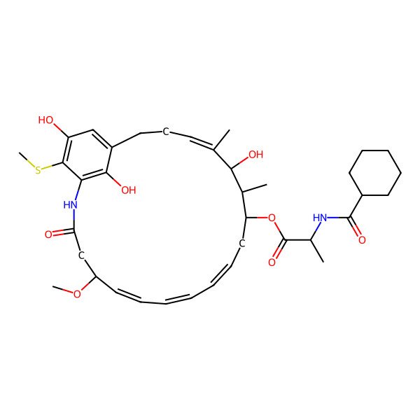 2D Structure of [(8Z,10Z,16Z)-15,22,24-trihydroxy-5-methoxy-14,16-dimethyl-23-methylsulfanyl-3-oxo-2-azabicyclo[18.3.1]tetracosa-1(24),6,8,10,16,20,22-heptaen-13-yl] 2-(cyclohexanecarbonylamino)propanoate