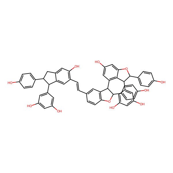 2D Structure of 5-[(1S,2S)-6-[(E)-2-[(2R,3R)-3-[(2S,3S)-3-(3,5-dihydroxyphenyl)-6-hydroxy-2-(4-hydroxyphenyl)-2,3-dihydro-1-benzofuran-4-yl]-2-(4-hydroxyphenyl)-2,3-dihydro-1-benzofuran-5-yl]ethenyl]-5-hydroxy-2-(4-hydroxyphenyl)-2,3-dihydro-1H-inden-1-yl]benzene-1,3-diol