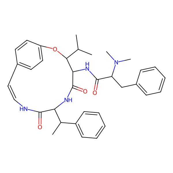 2D Structure of 2-(dimethylamino)-N-[5,8-dioxo-7-(1-phenylethyl)-3-propan-2-yl-2-oxa-6,9-diazabicyclo[10.2.2]hexadeca-1(14),10,12,15-tetraen-4-yl]-3-phenylpropanamide