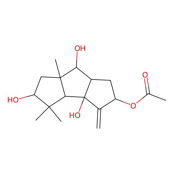 2D Structure of (3a,5,7-trihydroxy-4,4,6a-trimethyl-3-methylidene-2,3b,5,6,7,7a-hexahydro-1H-cyclopenta[a]pentalen-2-yl) acetate