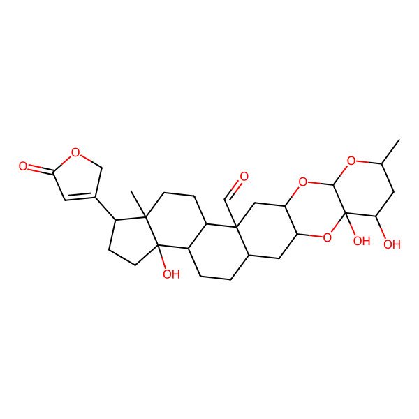 2D Structure of (1S,3R,5S,6R,8R,10S,12R,14R,15S,18R,19R,22S,23R)-5,6,22-trihydroxy-8,18-dimethyl-19-(5-oxo-2H-furan-3-yl)-4,9,11-trioxahexacyclo[12.11.0.03,12.05,10.015,23.018,22]pentacosane-14-carbaldehyde